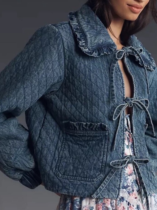 Avec Les Filles Jackets & Blazers - Anthropologie Avec Les Filles Quilted Denim Jacket Ruffle Tie Front XL 16/18
